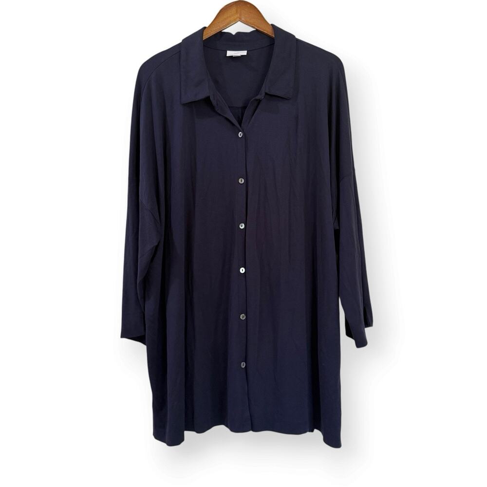 J. Jill Navy Blue Jersey Knit Long Sleeve Button Up Shirt 4X Tunic Collared